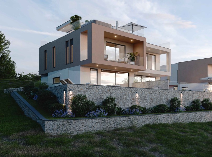 Vue latérale de la maison au-dessus du mur en pierre naturelle