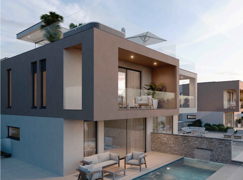 Maison avec terrasse couverte et garde-corps en verre