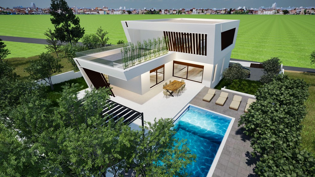 Piscine, chaises longues et terrasse couverte