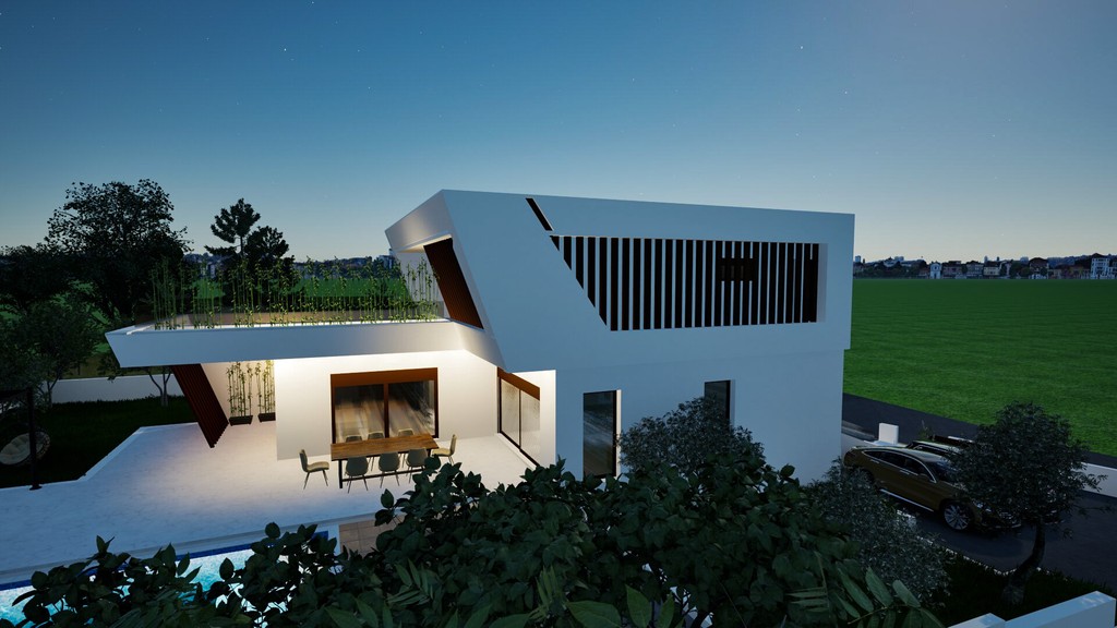 Villa le soir avec terrasse éclairée