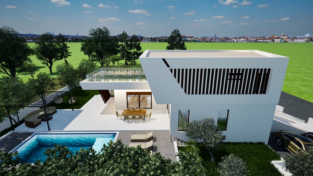Piscine devant l'espace de vie avec grandes baies vitrées