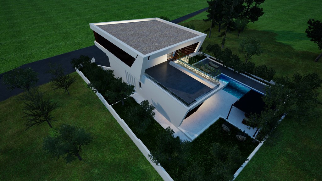 Villa avec terrasses et jardin vus d'en haut