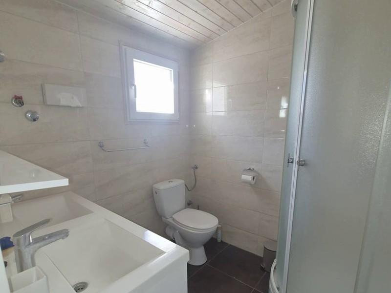 Salle de bain avec douche et toilettes