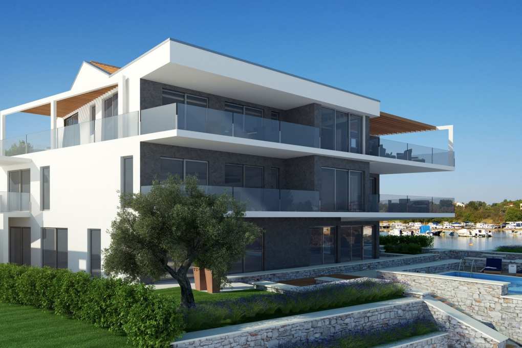 Visualisation de la maison avec olivier et port de plaisance derrière