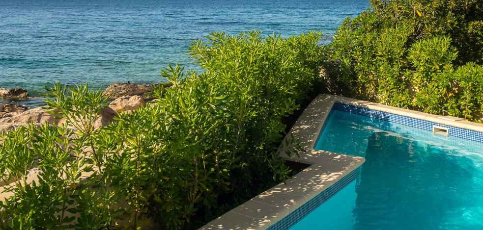 Coin piscine avec vue au-dessus des buissons sur l'eau